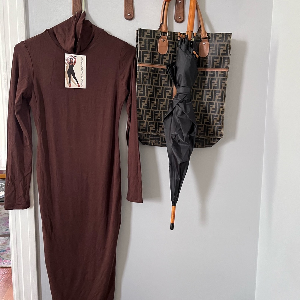 Naked Wardrobe- NWT Brown Turtleneck MIDI Dress